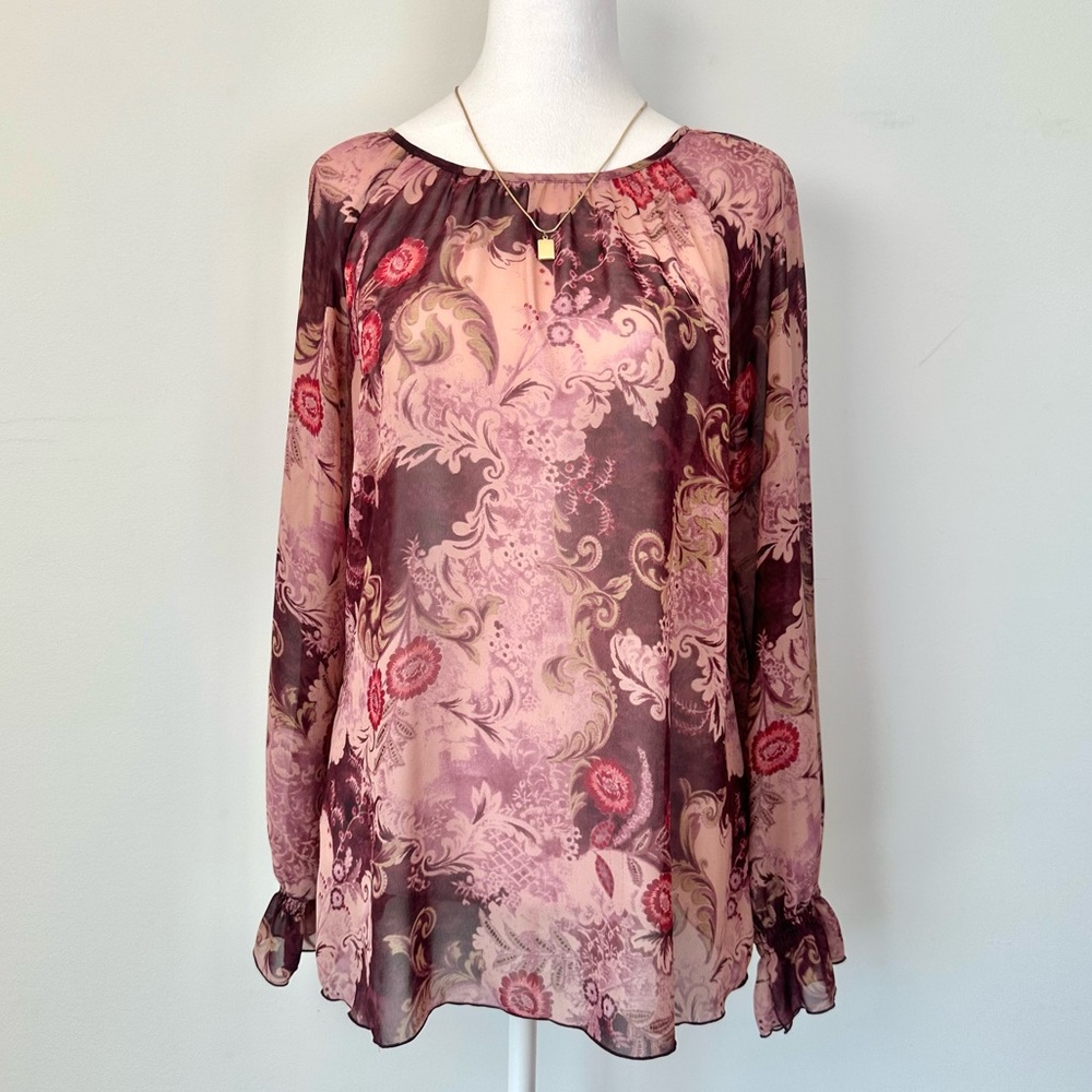Vintage Y2k George Pink, Maroon, Printed Ruffled Blouse with Long Sleeves
